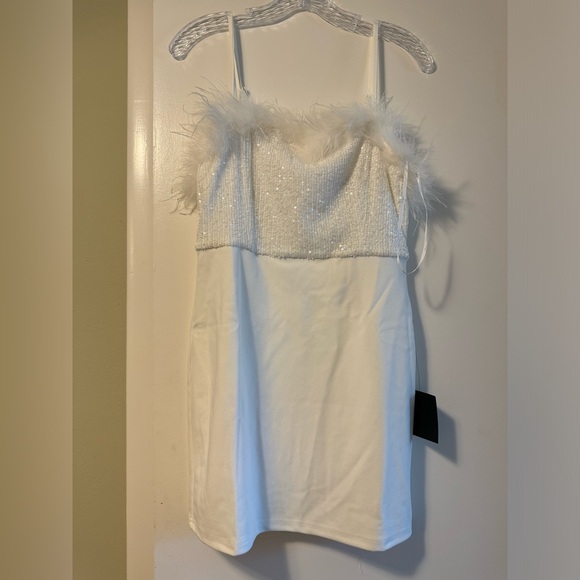 Lulus Stunning Energy White Sequin Feather Bodycon Mini Dress - Picture 1 of 3